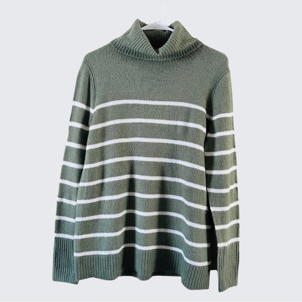 GAP Women's Sage Green White Striped Turtle Neck Knit Sweater Size M Stretch